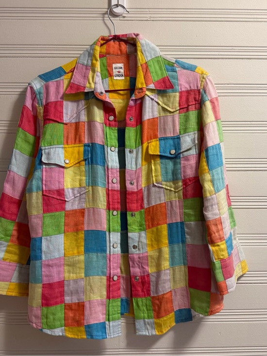 Gillian Gordon Tops - Vintage Gillian Gordon Rainbow Patchwork Linen Snap Shirt XS